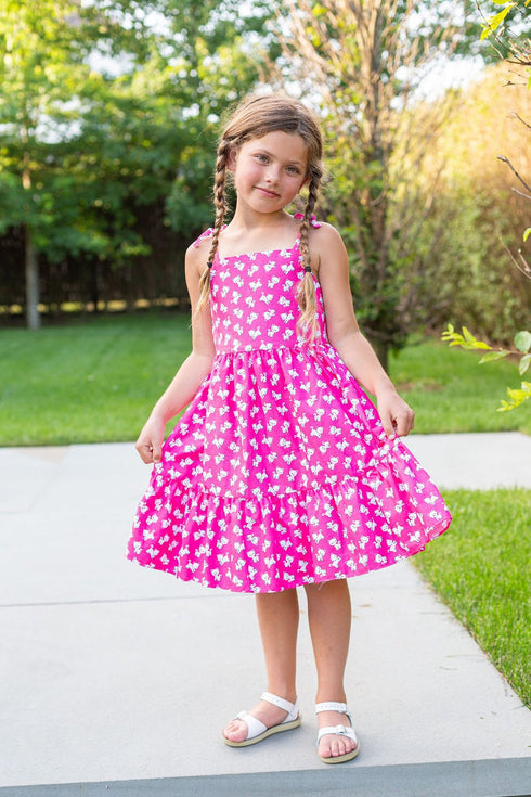 Girls Pink Kitty Cat Print Shoulder Tie Cotton Dress, Sizes 2-14